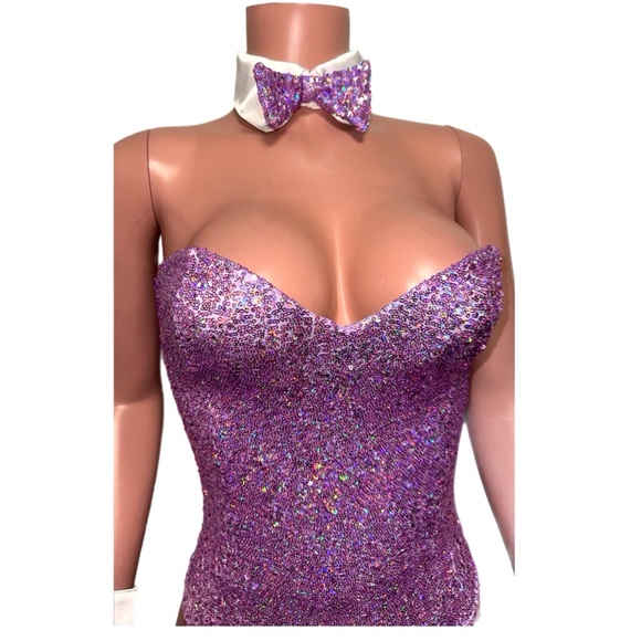 Trashy lingerie purple sequin playboy bunny costume teddy bodysuits set S new - Picture 4 of 8